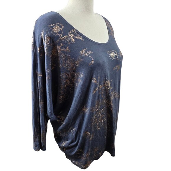 Kim & Cami Womens XL Gray Metallic Gold Floral Top Rayon Stretch Batwing Dolman - Picture 3 of 7
